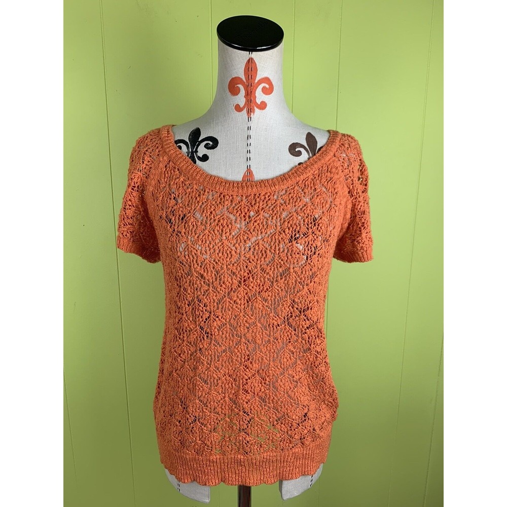 Zara Knit women’s top M Orange blouse short sleeve Back Buttons Cotton